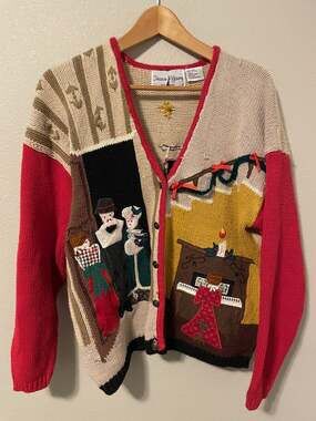Vintage Sharon Young Sweater Womens Large Christmas Home Scene Embroidered